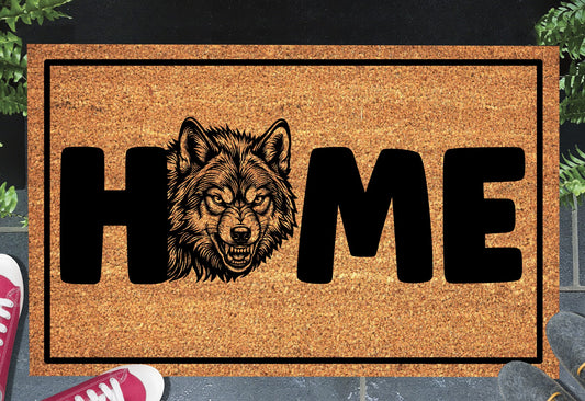 Wolf Doormat #5 shown on a front doorstep — fifth alternate portrait-style snarling wolf illustration with HOME lettering on a natural coir mat with black border