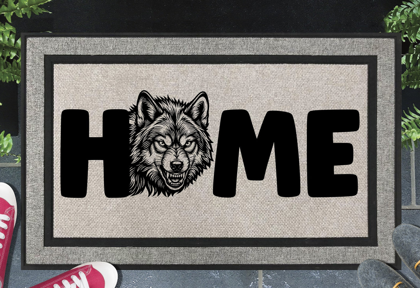 Wolf doormat — Grey Wolf illustration replaces the letter O in HOME, woven polyester linen-look finish, 18x30"