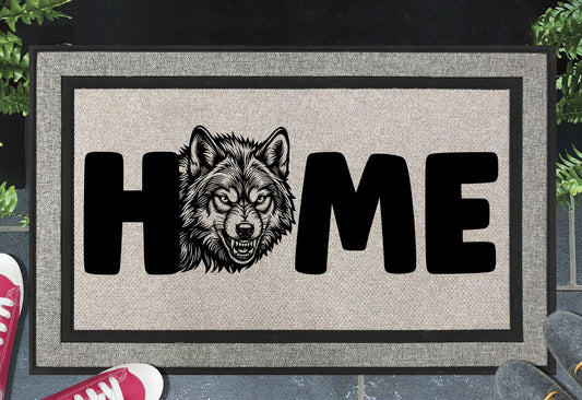 Wolf doormat — Grey Wolf illustration replaces the letter O in HOME, woven polyester linen-look finish, 18x30"