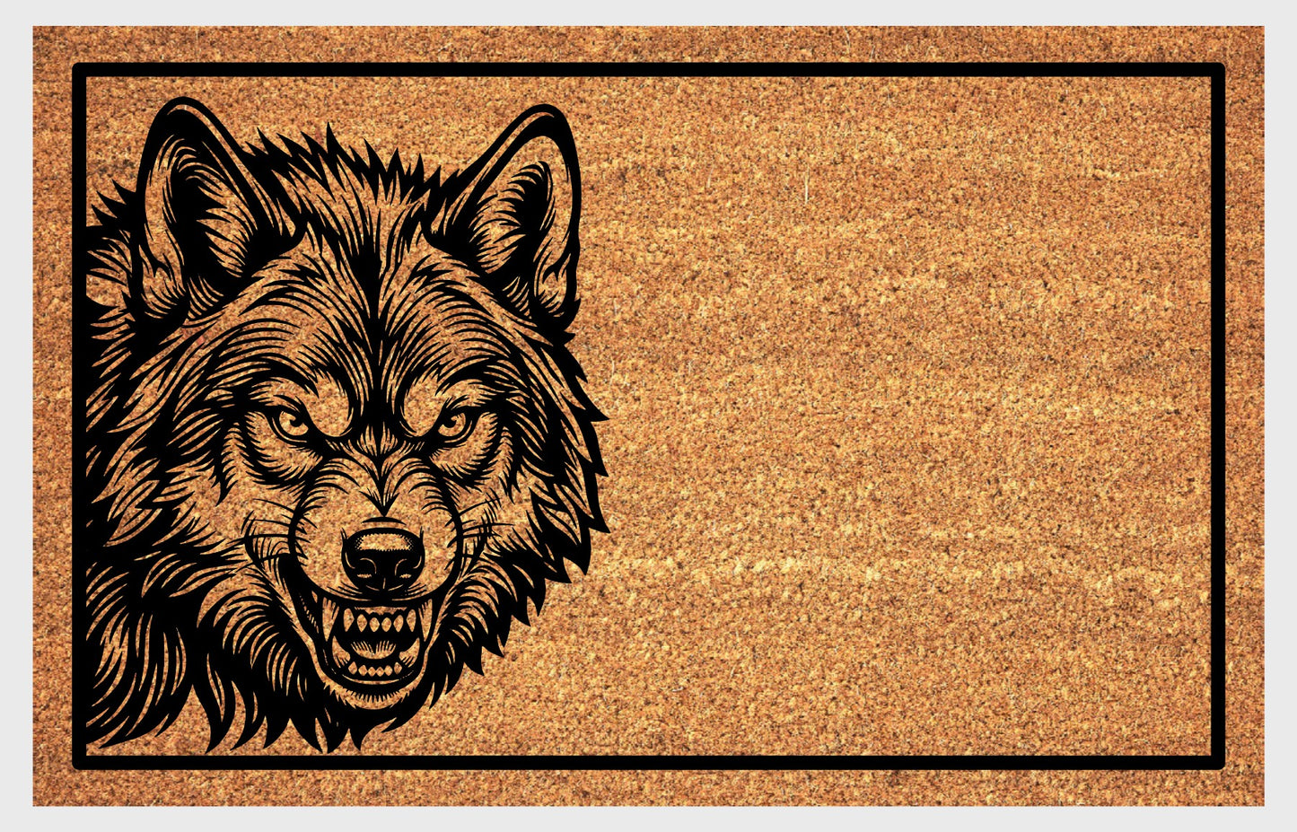 Wolf Doormat #2 product flat lay — etched-style snarling wolf face peering from the left side on natural coir with black border