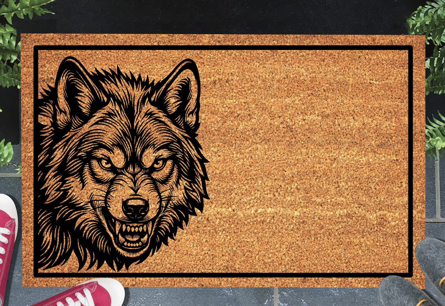 Wolf Doormat #2 shown on a front doorstep — second alternate etched-style snarling wolf face peering from the left side on a natural coir mat with black border