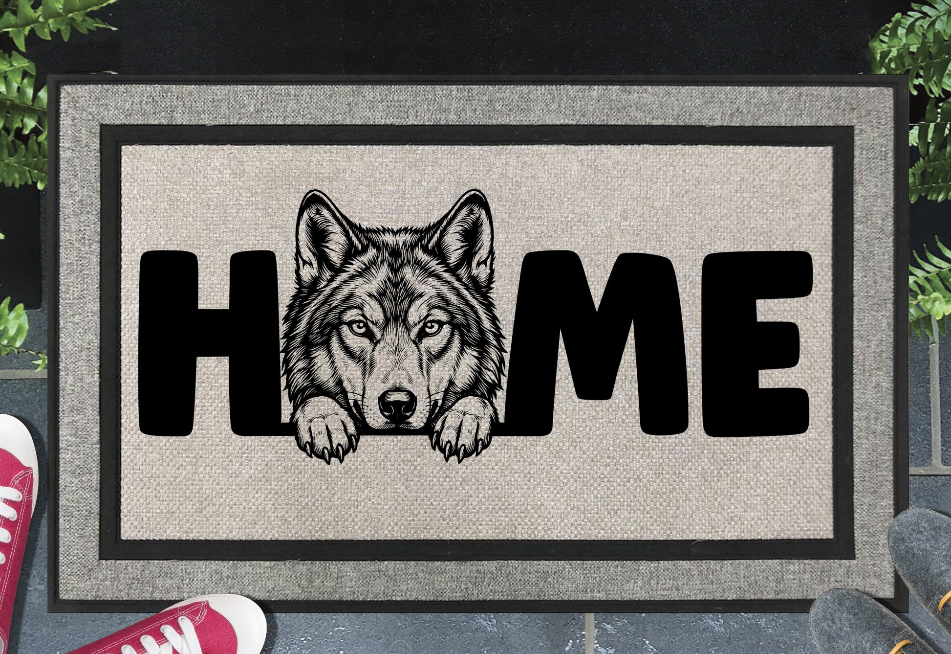 Wolf doormat #1 – woven polyester mat with UV-resistant print, 18x30"