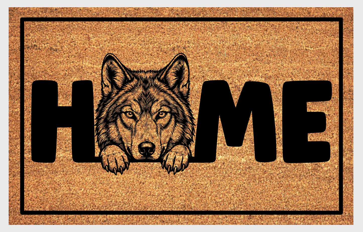 Wolf Doormat #1 product flat lay — portrait wolf illustration with HOME lettering on natural coir with black border