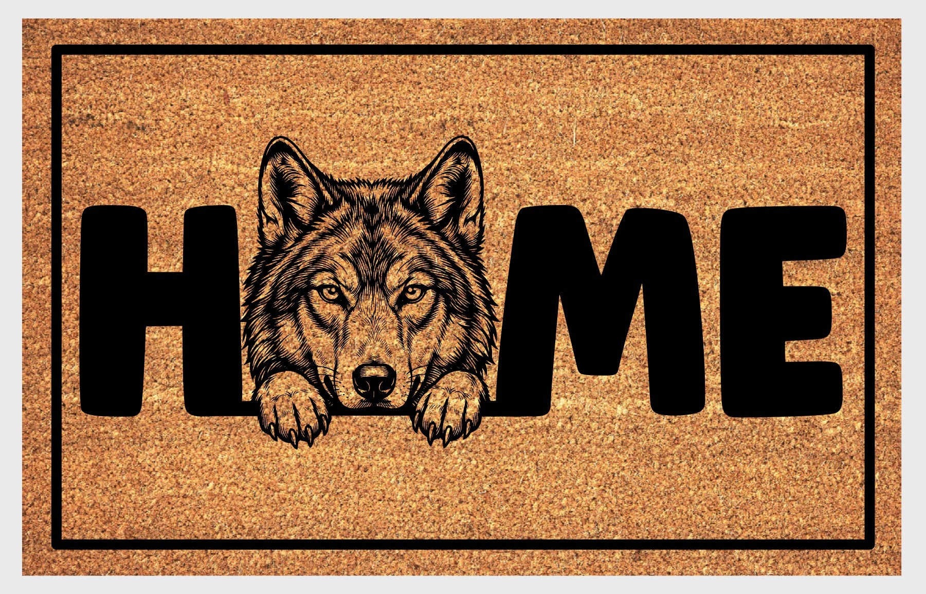 Wolf Doormat #1 product flat lay — portrait wolf illustration with HOME lettering on natural coir with black border