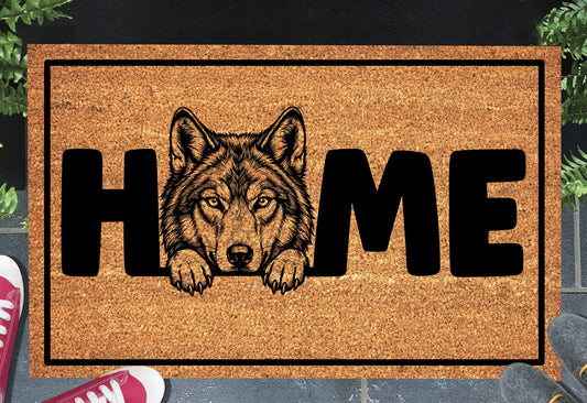 Wolf Doormat #1 shown on a front doorstep — portrait-style wolf illustration with HOME lettering on a natural coir mat with black border