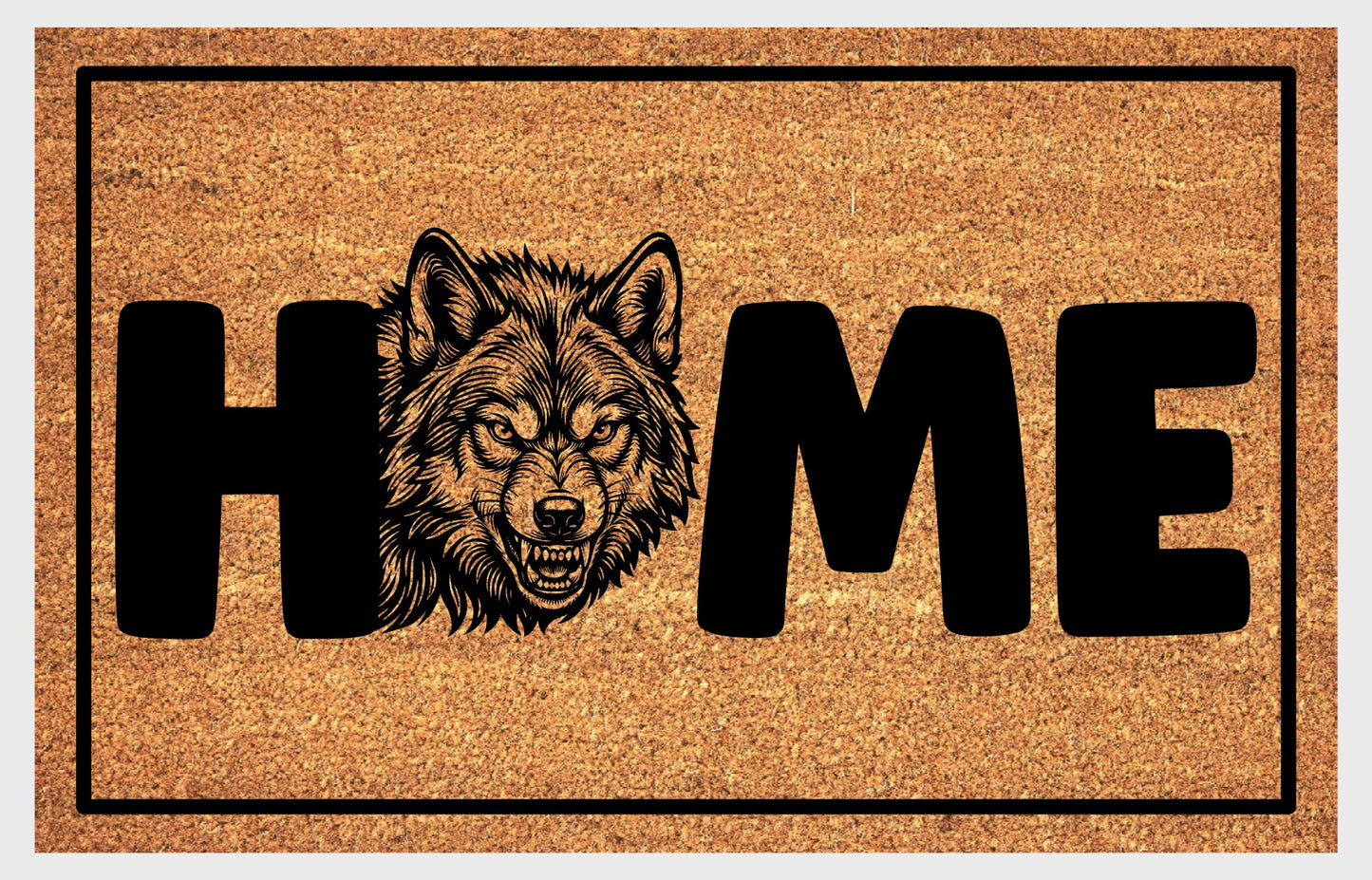 Wolf Doormat #5 product flat lay — fifth alternate portrait snarling wolf illustration with HOME lettering on natural coir with black border