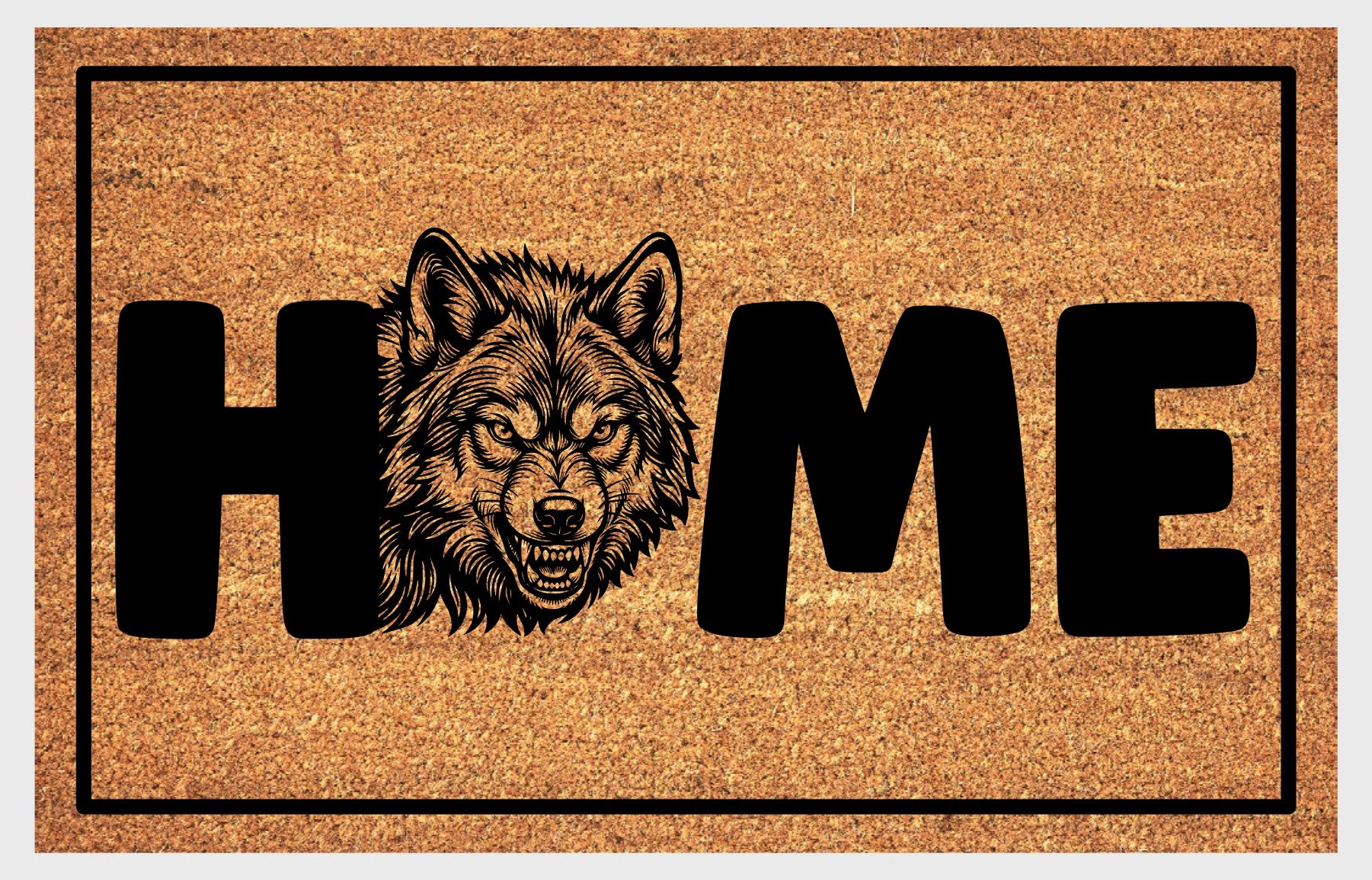 Wolf Doormat #5 product flat lay — fifth alternate portrait snarling wolf illustration with HOME lettering on natural coir with black border