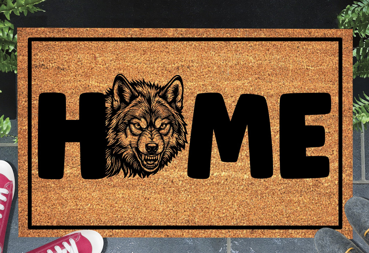 Wolf Doormat #5 shown on a front doorstep — fifth alternate portrait-style snarling wolf illustration with HOME lettering on a natural coir mat with black border