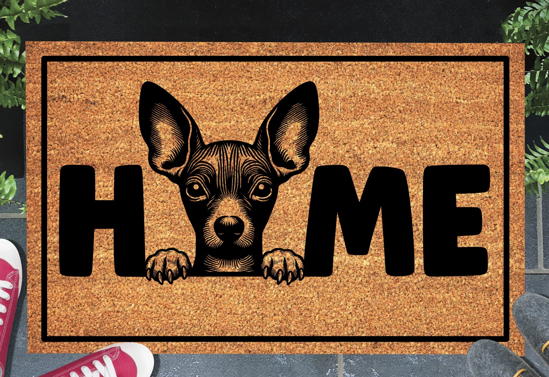 Xoloitzcuintle doormat shown in a front doorway entryway setting