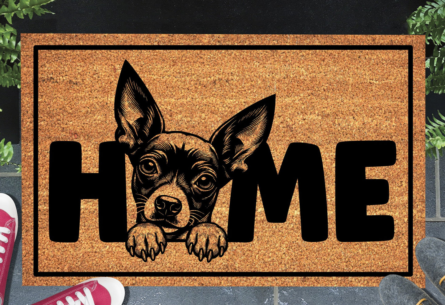Xoloitzcuintle doormat #2 shown in a front doorway entryway setting