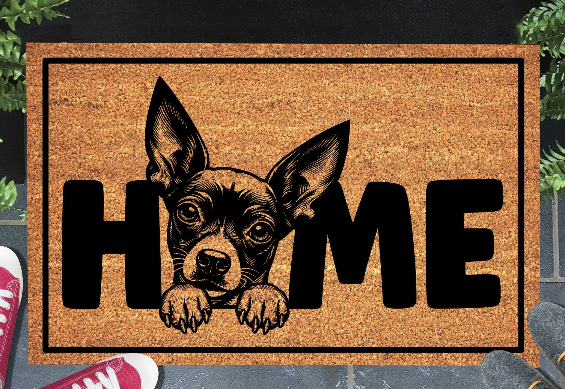 Xoloitzcuintle doormat #2 shown in a front doorway entryway setting