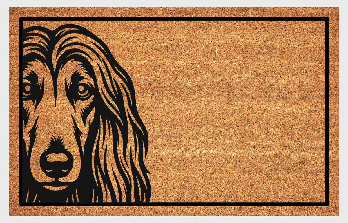 Afghan Hound Peeking Doormat #2 with bold black Affie face artwork and a rectangular border on natural coir, flat front view