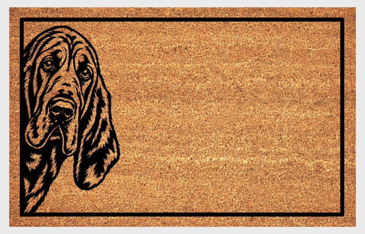 Bloodhound Peeking coir doormat featuring a detailed, wrinkled hound face and long ears on the left, flat front view