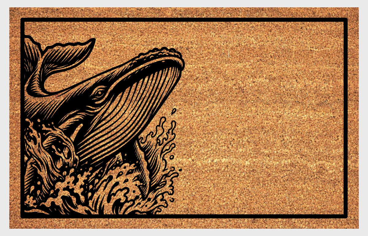 Blue Whale peeking from the left edge amid stylized waves on a natural coir doormat, with detailed throat pleats, tail flukes and a black border, shown flat.