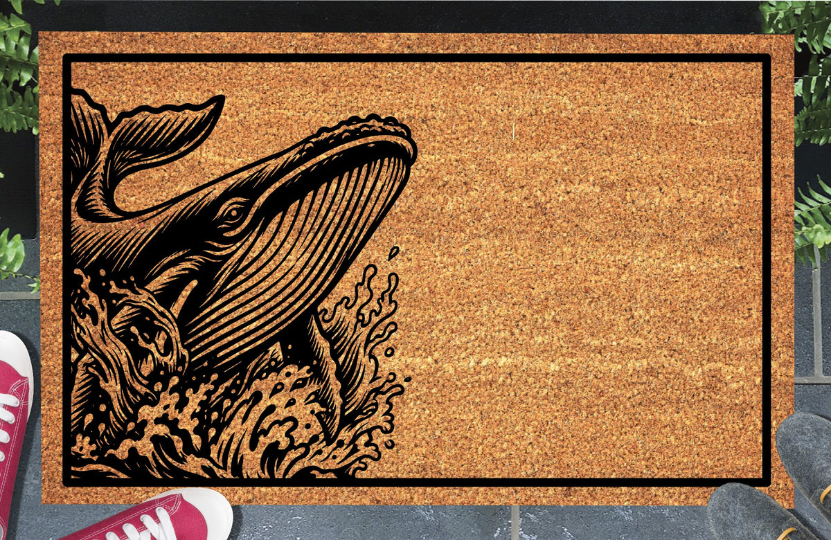 Blue Whale peeking from the left edge amid stylized waves on a natural coir doormat, with detailed throat pleats, tail flukes and a black border, displayed on a doorstep.