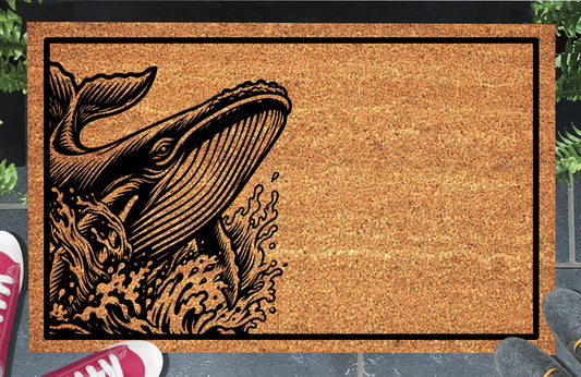 Blue Whale peeking from the left edge amid stylized waves on a natural coir doormat, with detailed throat pleats, tail flukes and a black border, displayed on a doorstep.