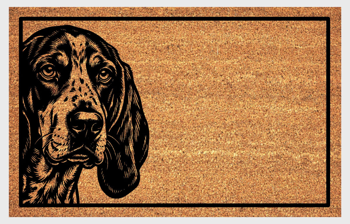 Bluetick Hound Peeking coir doormat featuring a front-facing hound with expressive eyes and a speckled muzzle peeking from the left, flat front view