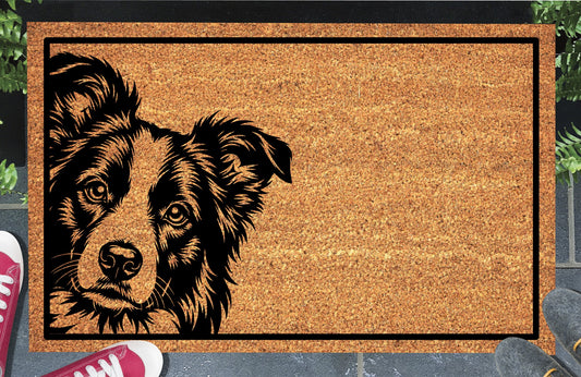 Border Collie Peeking Doormat #1, natural coir welcome mat with a Collie peeking from the left edge and a black rectangular border, shown at a doorway.
