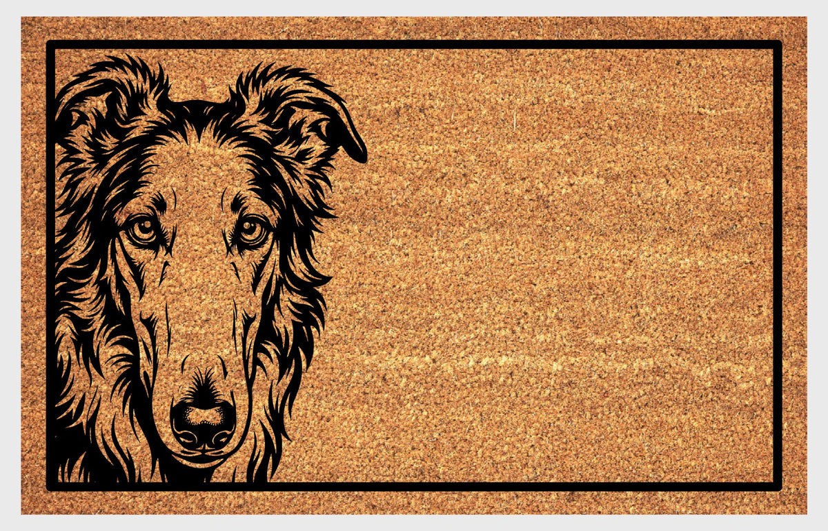 Borzoi Peeking Doormat #1, detailed Borzoi face with a long muzzle and flowing feathering on natural coir, framed by a black rectangular border on a white background.