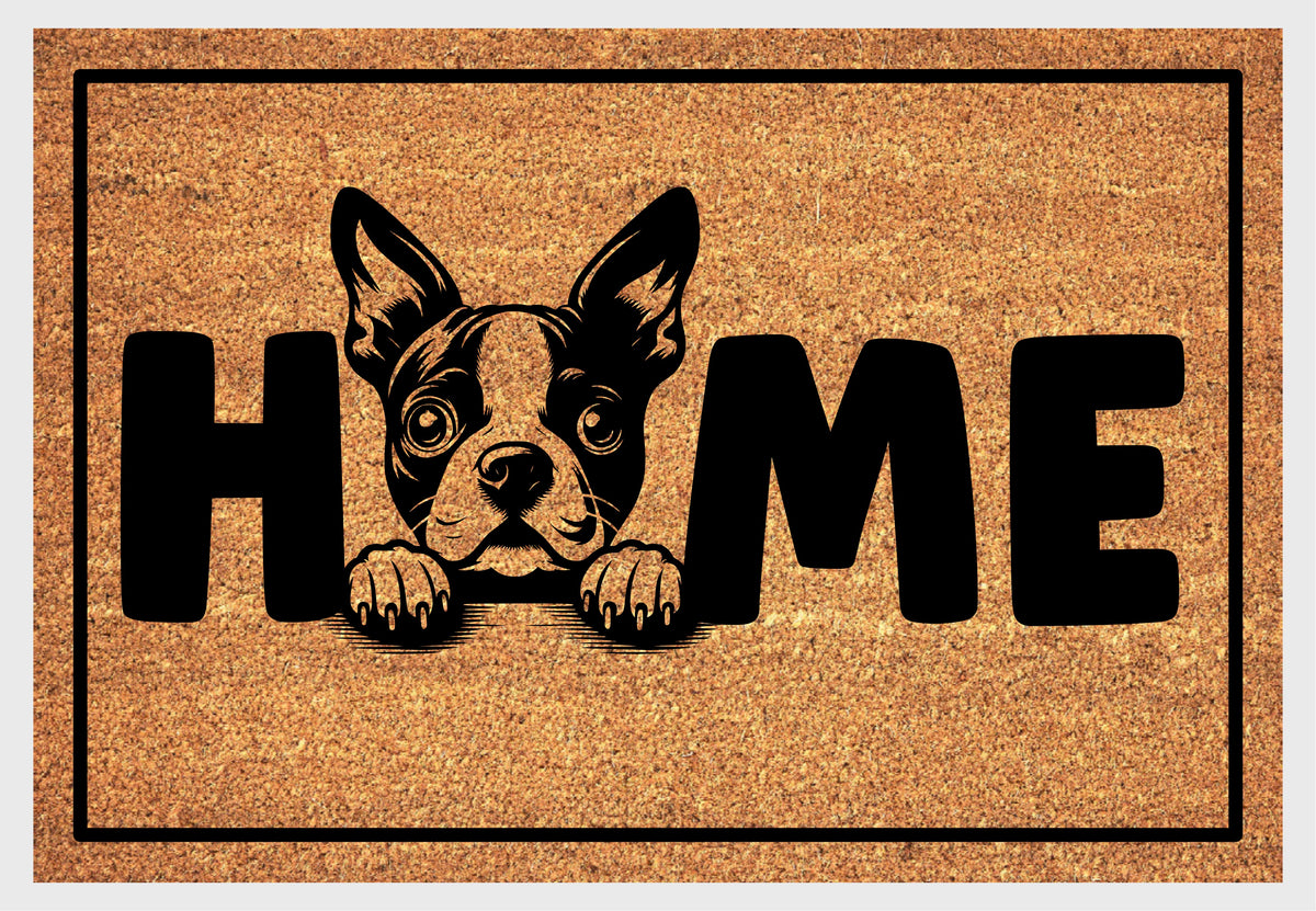 Boston Terrier Doormat #1 flat lay — natural coir welcome mat with Boston Terrier illustration replacing the O in HOME