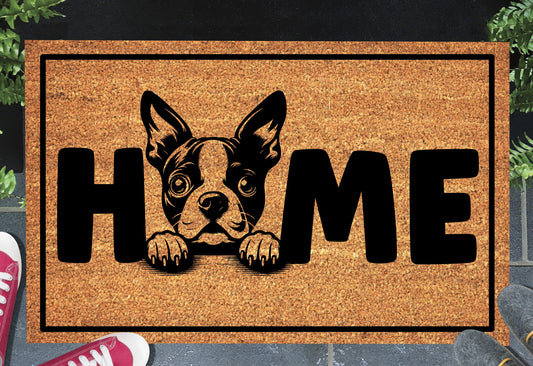 Boston Terrier coir doormat #1 — American Gentleman O-replacement design on natural coir mat, shown at front door entryway