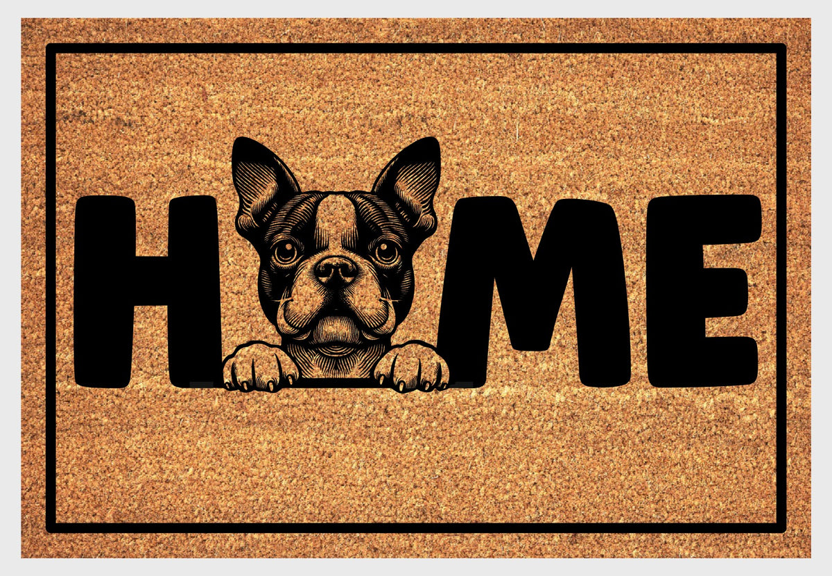 Boston Terrier Doormat #2 flat lay — natural coir welcome mat with Boston Terrier illustration replacing the O in HOME