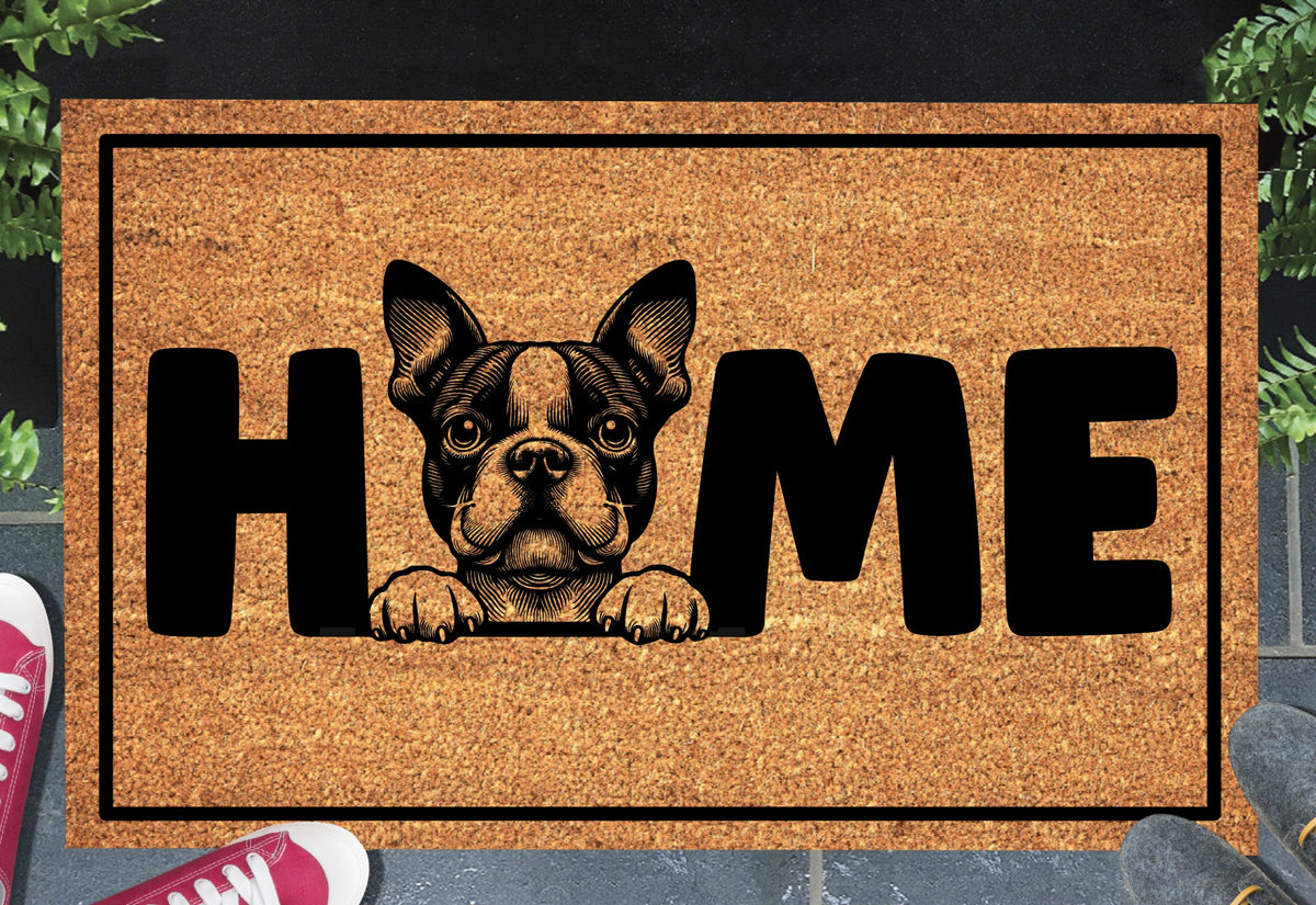 Boston Terrier coir doormat #2 — Tuxedo Dog O-replacement design on natural coir mat, shown at front door entryway