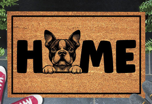 Boston Terrier coir doormat #2 — Tuxedo Dog O-replacement design on natural coir mat, shown at front door entryway