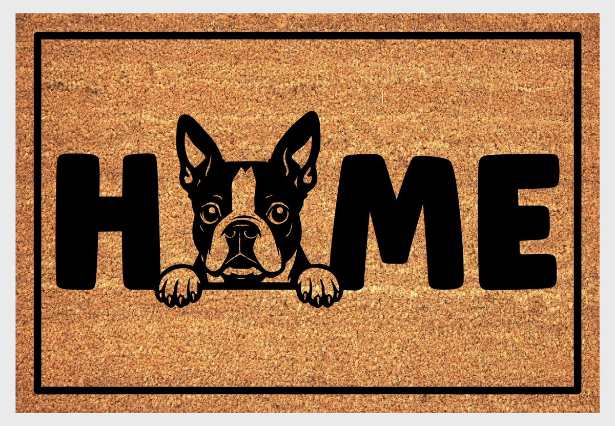 Boston Terrier Doormat #3 flat lay — natural coir welcome mat with Boston Terrier illustration replacing the O in HOME
