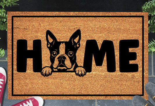 Boston Terrier coir doormat #3 — Bean O-replacement design on natural coir mat, shown at front door entryway