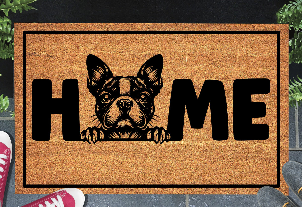 Boston Terrier coir doormat #4 — BT O-replacement design on natural coir mat, shown at front door entryway