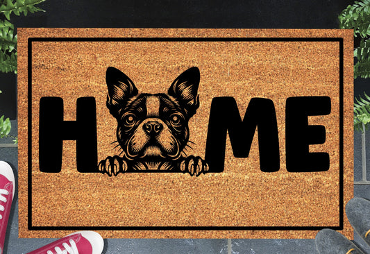 Boston Terrier coir doormat #4 — BT O-replacement design on natural coir mat, shown at front door entryway
