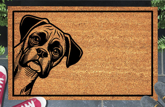  Boxer Dog peeking coir doormat — natural coir fiber, non-slip rubber backing, flat lay on white background