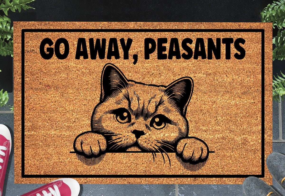 British Shorthair Cat Go Away Peasants coir doormat #3 — natural coir fiber, non-slip rubber backing, flat lay 