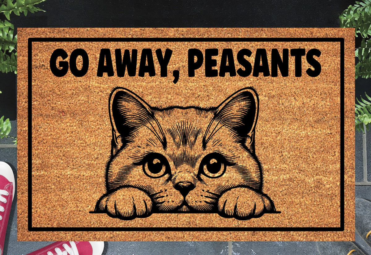 British Shorthair Cat Go Away Peasants coir doormat #4 — natural coir fiber, non-slip rubber backing, flat lay on white background