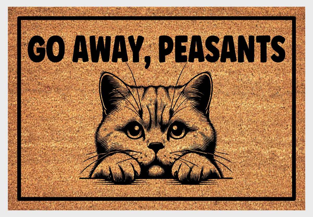 British Shorthair Cat Go Away Peasants coir doormat — close-up of Go Away Peasants text and British Shorthair illustration on natural coir