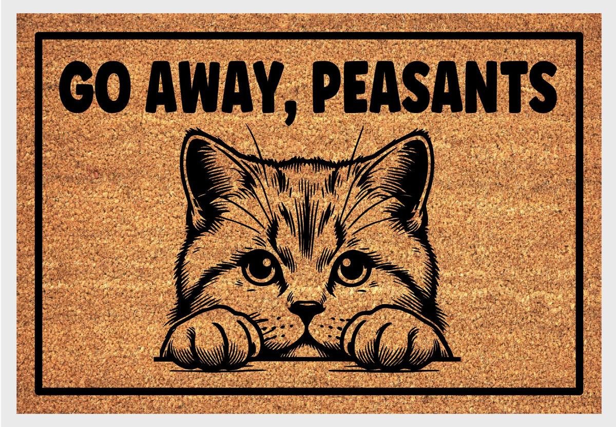 British Shorthair Cat Go Away Peasants coir doormat #2 — close-up of Go Away Peasants text and British Shorthair illustration on natural coir