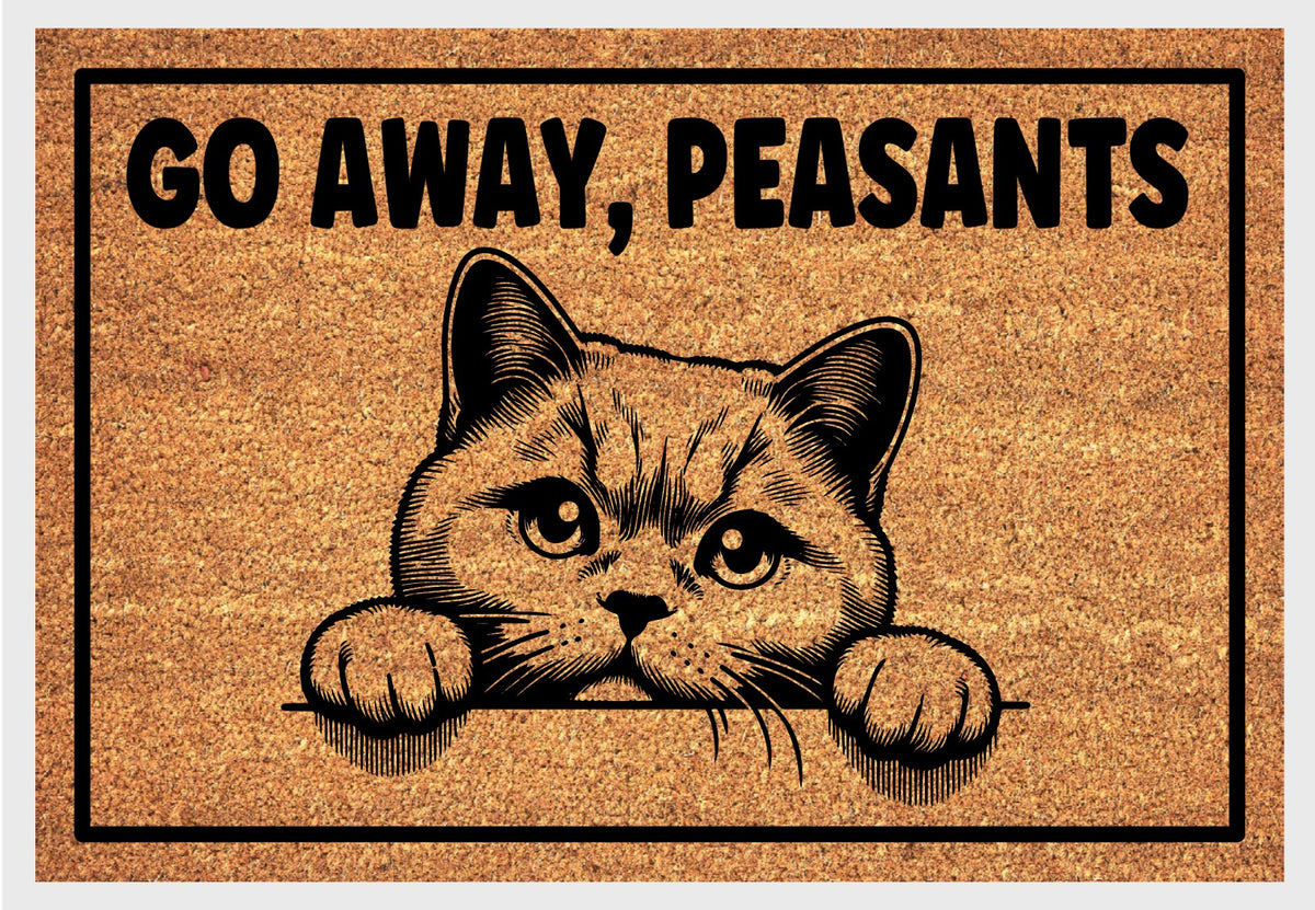 British Shorthair Cat Go Away Peasants coir doormat #3 — close-up of Go Away Peasants text and British Shorthair illustration on natural coir
