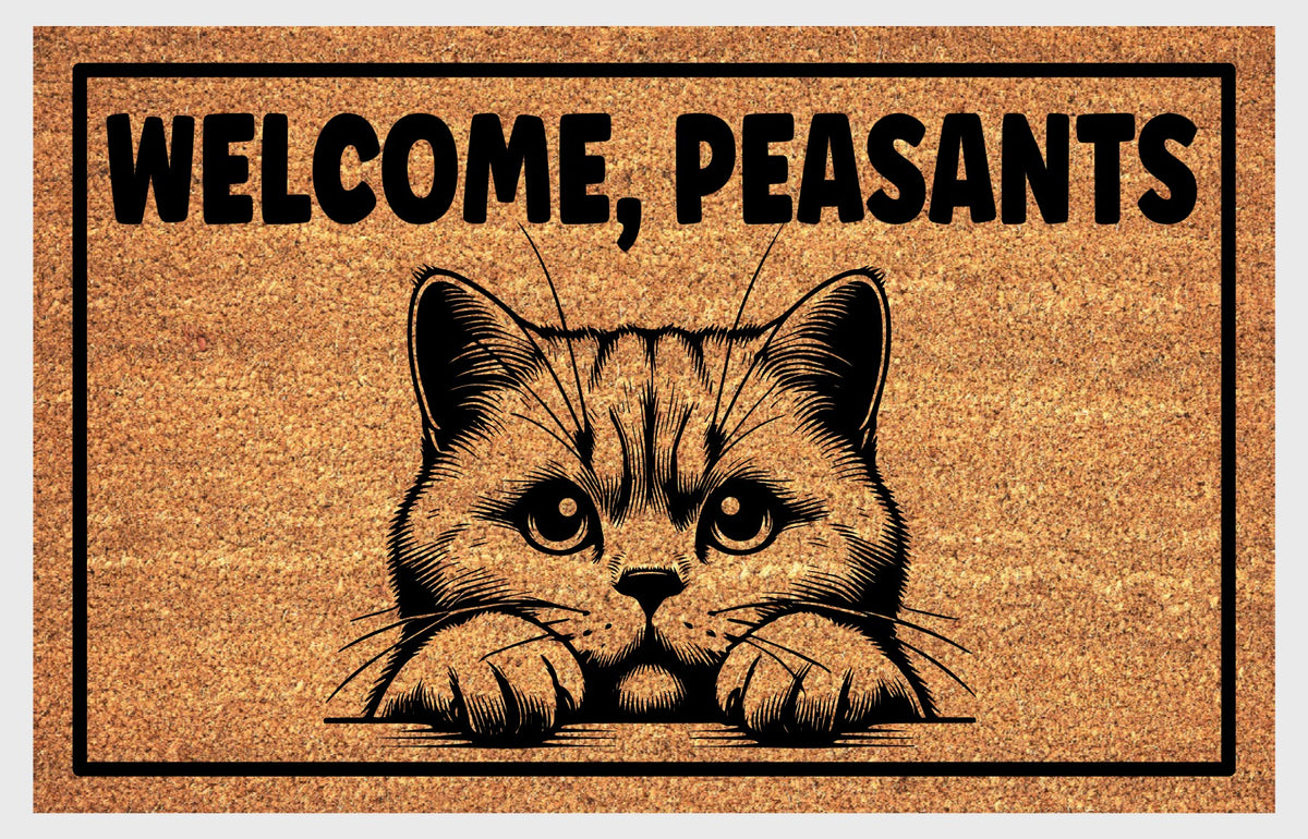 British Shorthair Cat Welcome, Peasants coir doormat — close-up of "Welcome, Peasants" text on natural coir