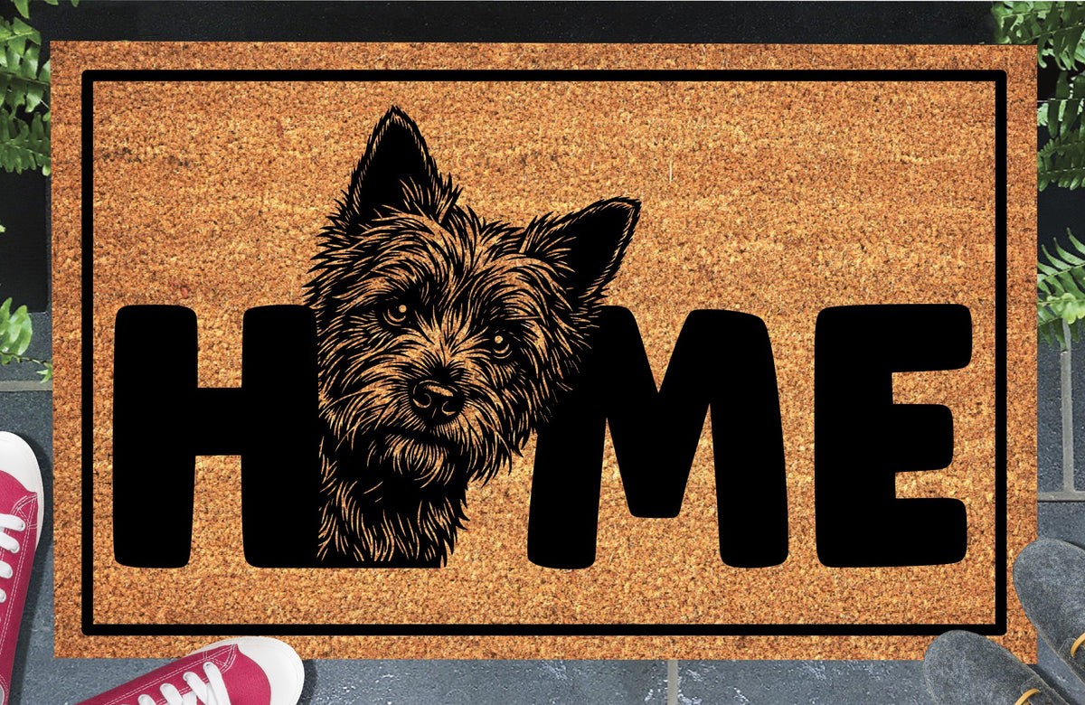 Cairn Terrier doormat in a home entryway — natural coir mat with Cairn Terrier O-replacement design, non-slip backing