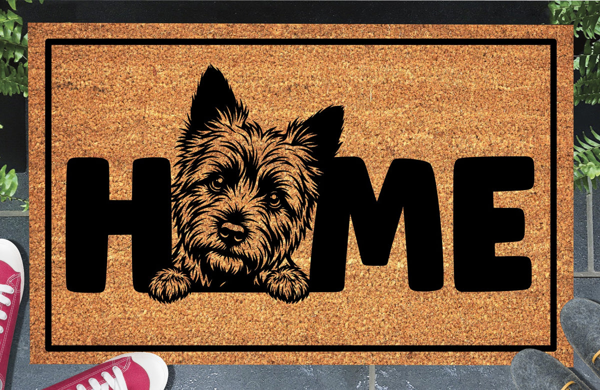 Cairn Terrier doormat in a home entryway — natural coir mat with Cairn Terrier design, non-slip backing