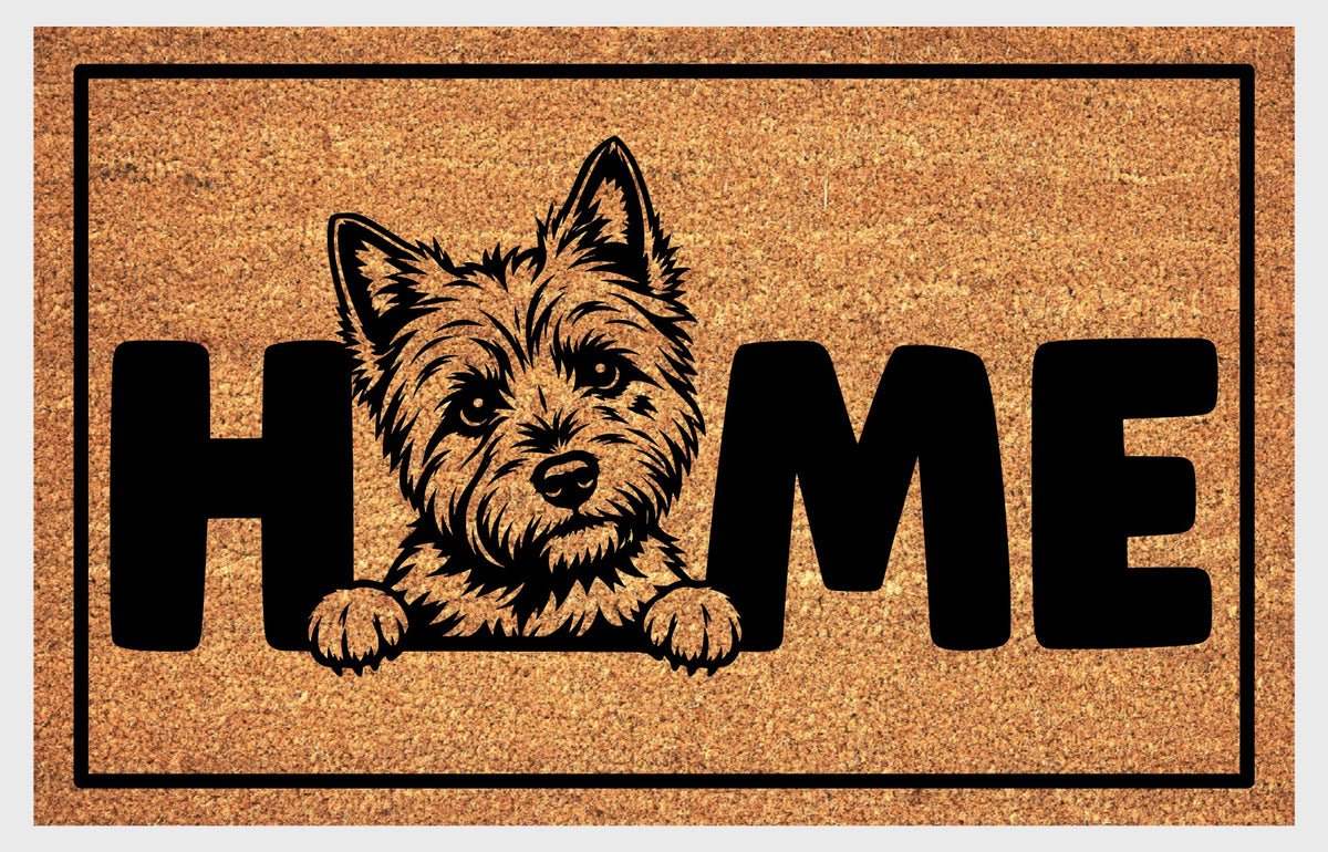 Close-up of Cairn Terrier coir doormat showing UV-printed Cairnie illustration and natural fiber texture