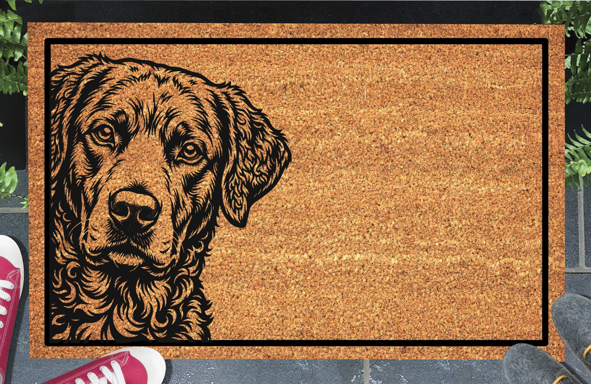 Chesapeake Bay Retriever Peeking coir doormat #1 with a Chessie portrait at the left edge and black rectangular border, shown on a doorstep