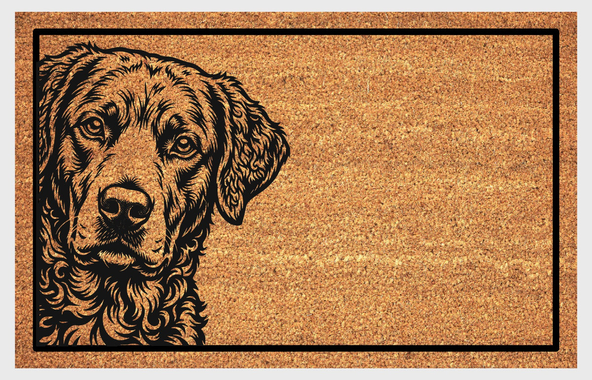 Chesapeake Bay Retriever Peeking coir doormat #1, front view of the detailed Chessie portrait with drop ears and expressive eyes on natural coir
