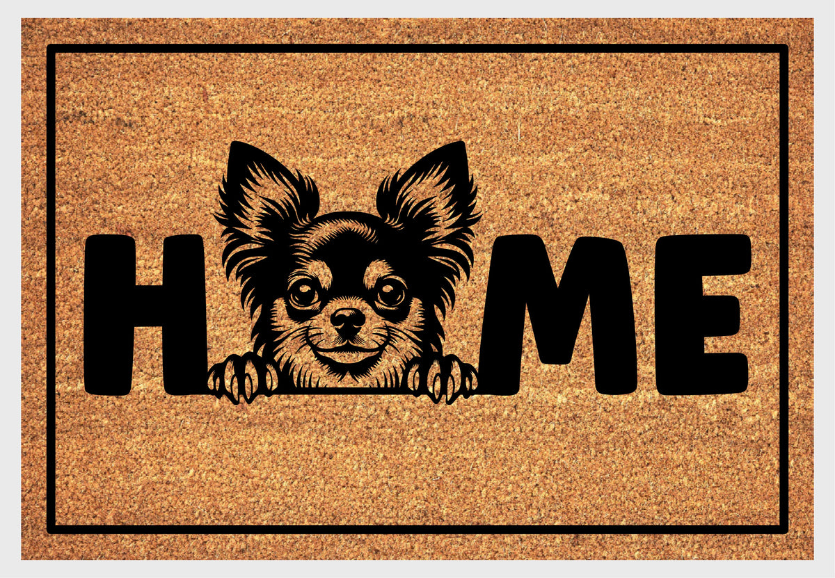 Chihuahua coir doormat — close-up of Chihuahua illustration replacing the O in HOME on natural coir