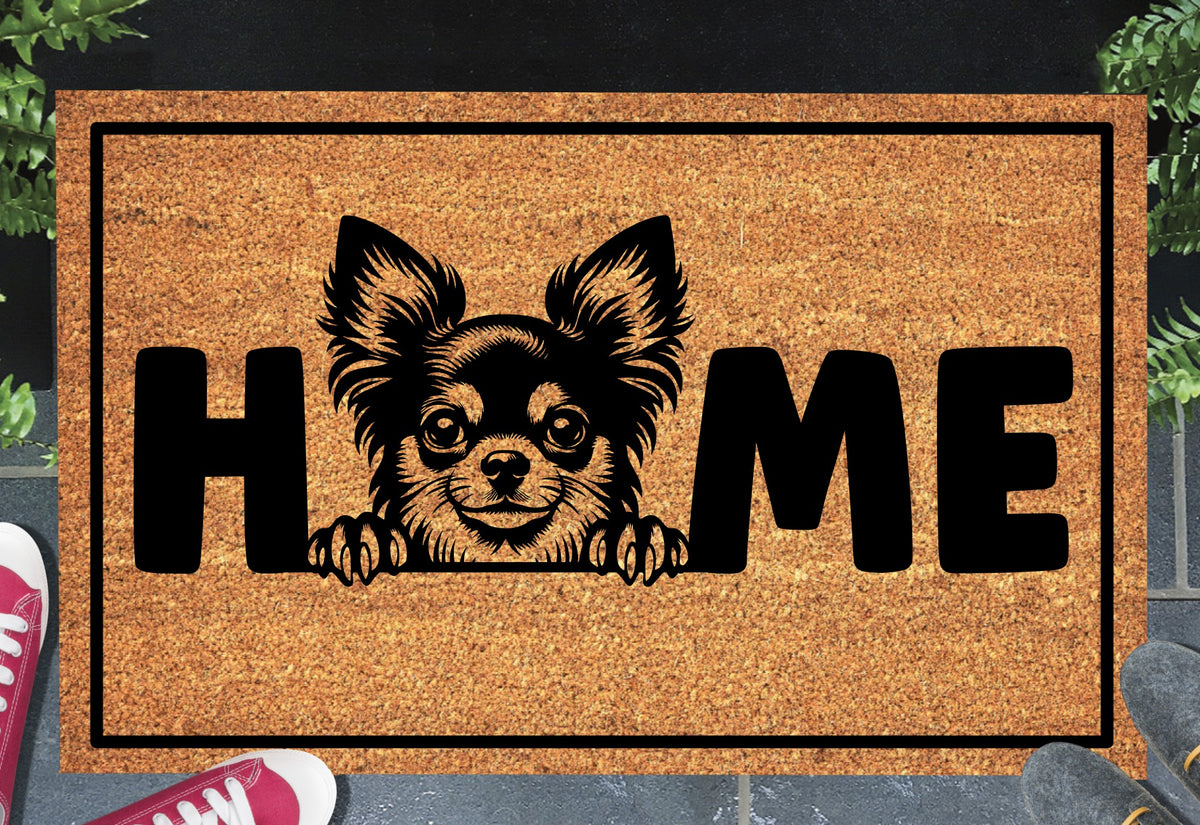 Chihuahua coir doormat — Chihuahua illustration replacing the letter O in HOME, natural coir fiber, non-slip rubber backing, flat lay on white background