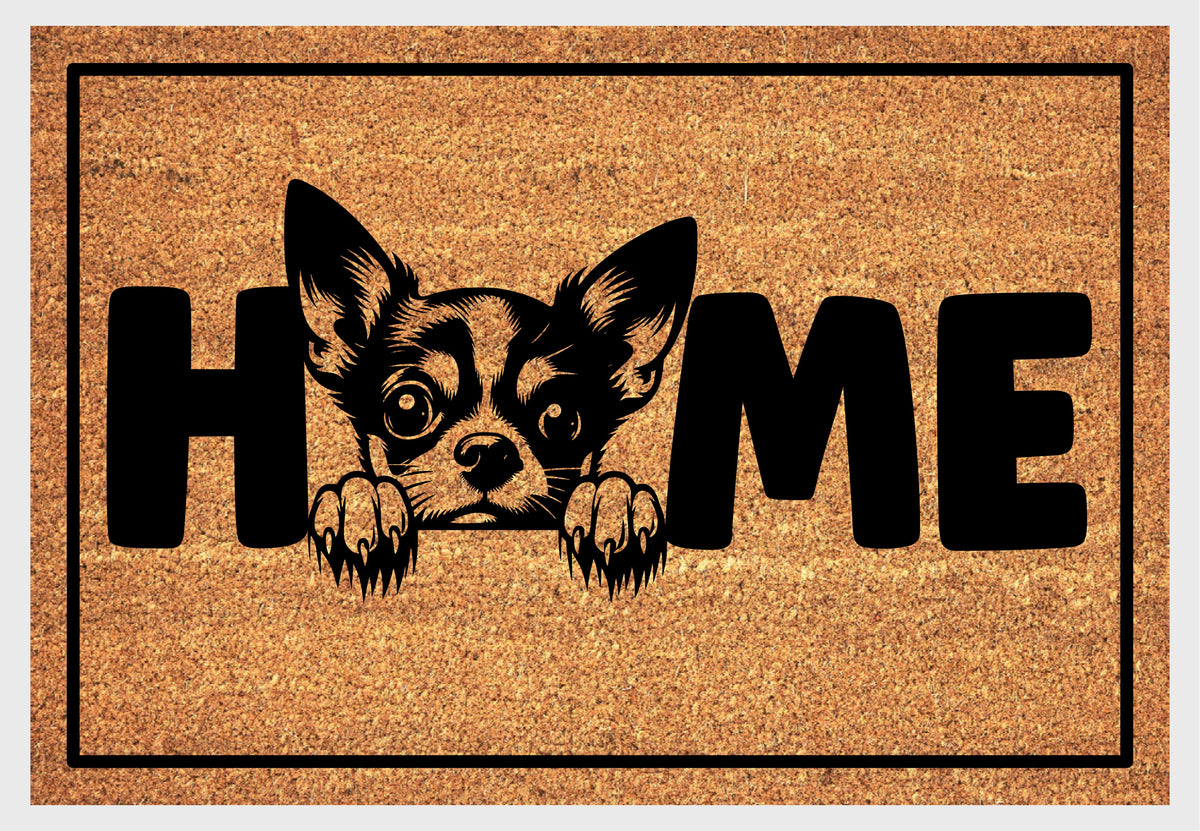 Chihuahua coir doormat — close-up of Chihuahua illustration replacing the O in HOME on natural coir