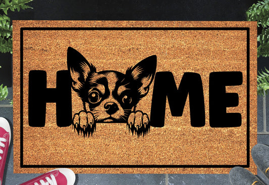 Chihuahua coir doormat — Chihuahua illustration replacing the letter O in HOME, natural coir fiber, non-slip rubber backing, flat lay on white background