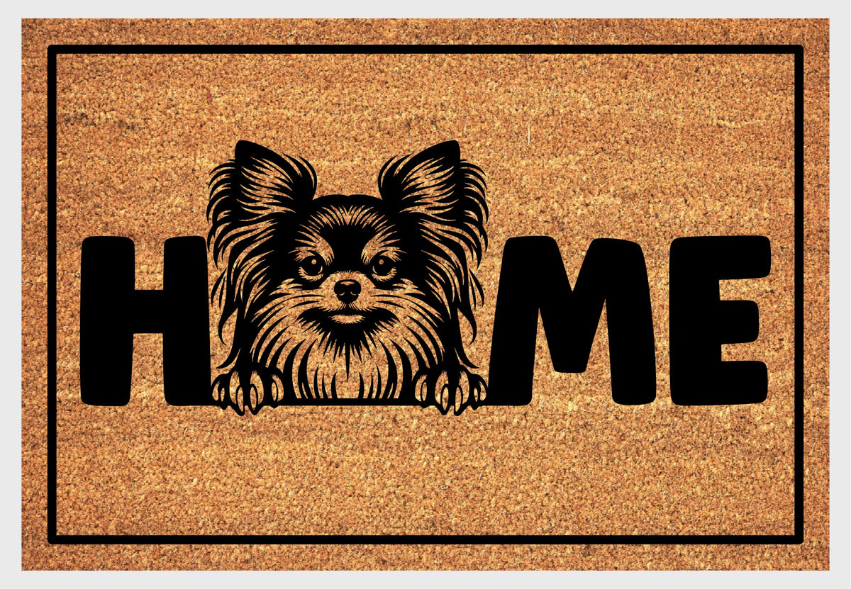 Chihuahua coir doormat — close-up of Chihuahua illustration replacing the O in HOME on natural coir