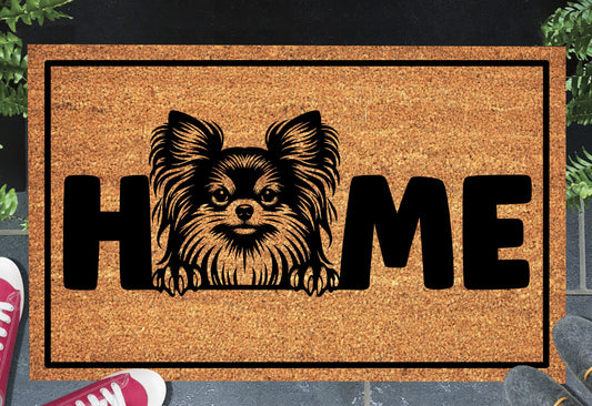 Chihuahua coir doormat — Chihuahua illustration replacing the letter O in HOME, natural coir fiber, non-slip rubber backing, flat lay on white background